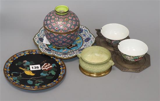 Four pieces of cloisonne, two metal cups and saucers and a censer